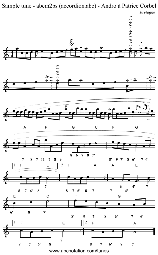 Sample tune - abcm2ps (accordion.abc) - Andro à Patrice Corbel - staff notation