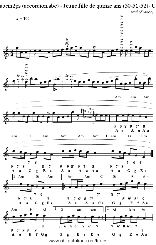 Sample tune - abcm2ps (accordion.abc) - Jeune fille de quinze ans (50-51-52)- Une fille de rose - staff notation