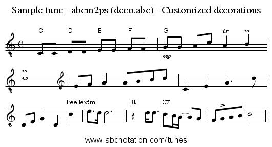 Sample tune - abcm2ps (deco.abc) - Customized decorations - staff notation
