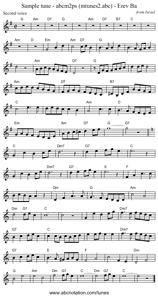 Sample tune - abcm2ps (mtunes2.abc) - Erev Ba - staff notation