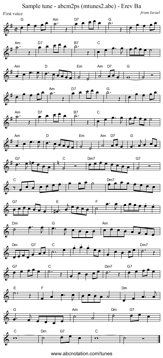 Sample tune - abcm2ps (mtunes2.abc) - Erev Ba - staff notation