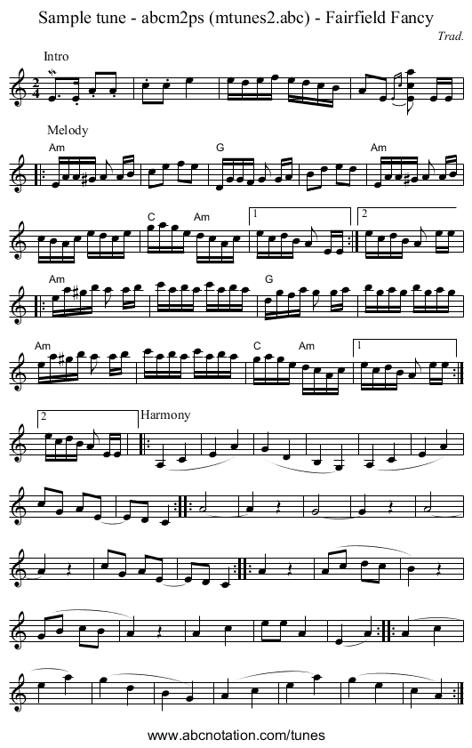 Sample tune - abcm2ps (mtunes2.abc) - Fairfield Fancy - staff notation
