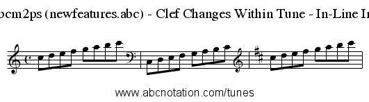 Sample tune - abcm2ps (newfeatures.abc) - Clef Changes Within Tune - In-Line Info Fields by [..] - staff notation