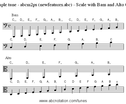 Sample tune - abcm2ps (newfeatures.abc) - Scale with Bass and Alto Clef - staff notation