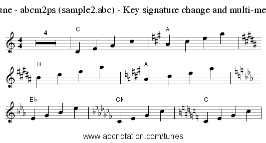 Sample tune - abcm2ps (sample2.abc) - Key signature change and multi-measure rest - staff notation