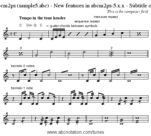 Sample tune - abcm2ps (sample5.abc) - New features in abcm2ps-5.x.x - Subtitle one - Subtitle two - staff notation