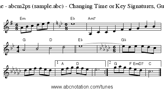 Sample tune - abcm2ps (sample.abc) - Changing Time or Key Signatures, Guitar Chords - staff notation