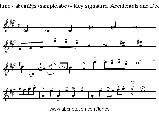 Sample tune - abcm2ps (sample.abc) - Key signature, Accidentals and Decorations - staff notation