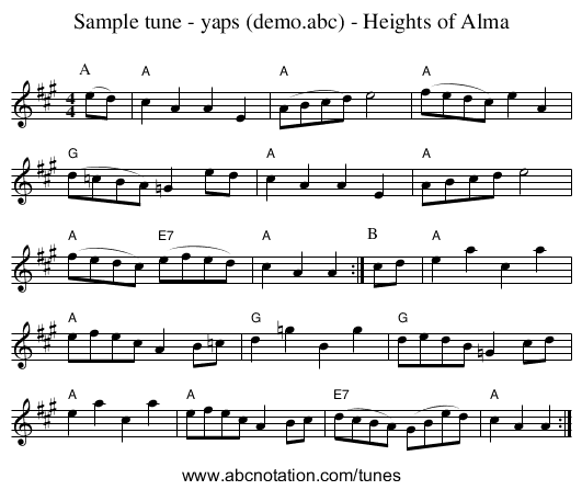 Sample tune - yaps (demo.abc) - Heights of Alma - staff notation