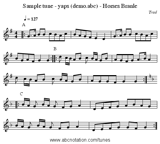 Sample tune - yaps (demo.abc) - Horses Branle - staff notation