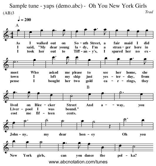 Sample tune - yaps (demo.abc) -  Oh You New York Girls - staff notation