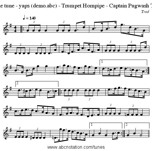 Sample tune - yaps (demo.abc) - Trumpet Hornpipe - Captain Pugwash Theme - staff notation