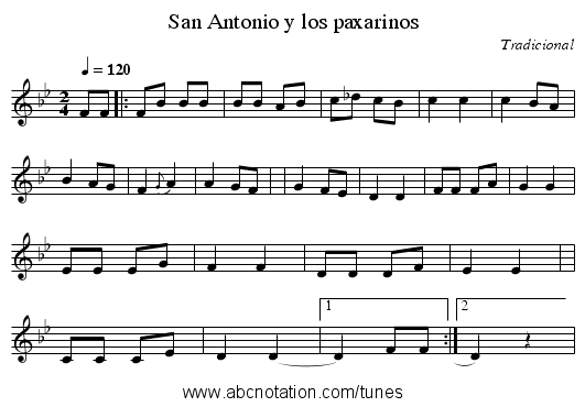 San Antonio y los paxarinos - staff notation