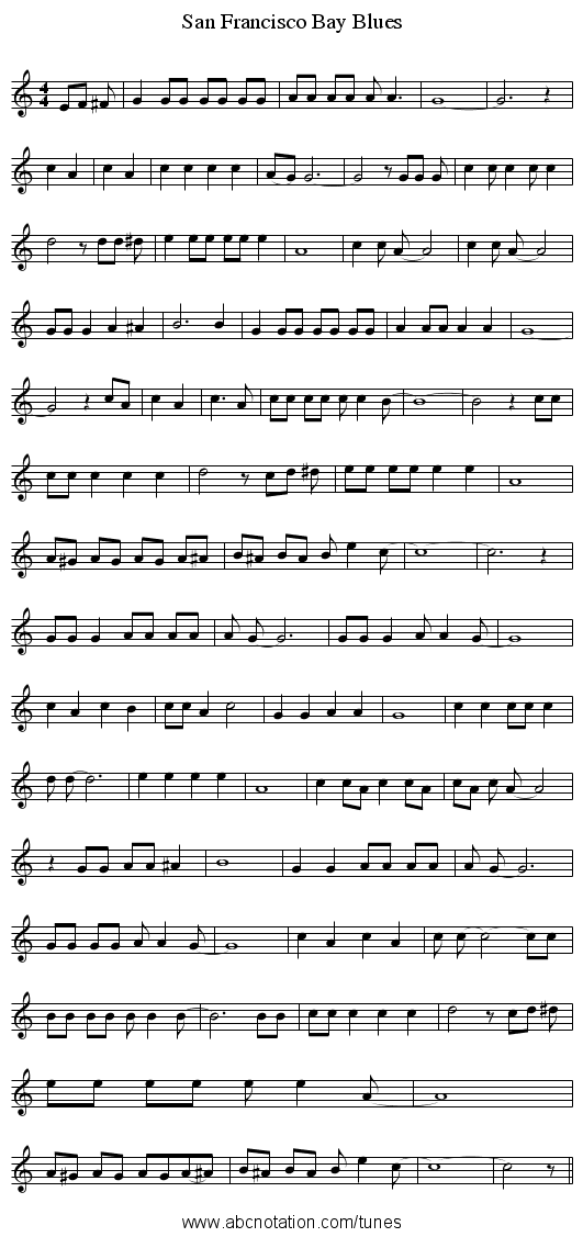 San Francisco Bay Blues - staff notation