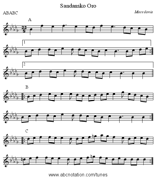 Sandansko Oro - staff notation