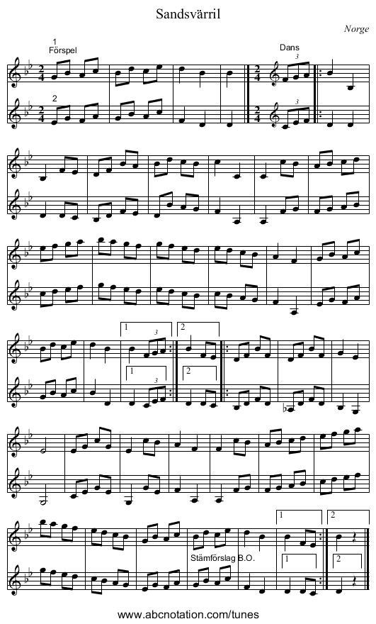 Sandsvärril - staff notation