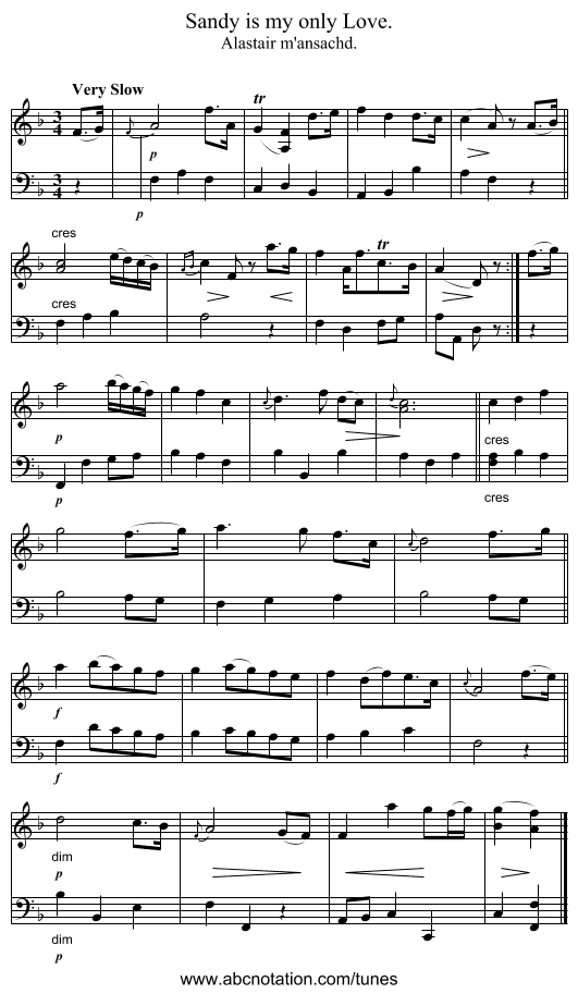 Sandy is my only Love. - staff notation