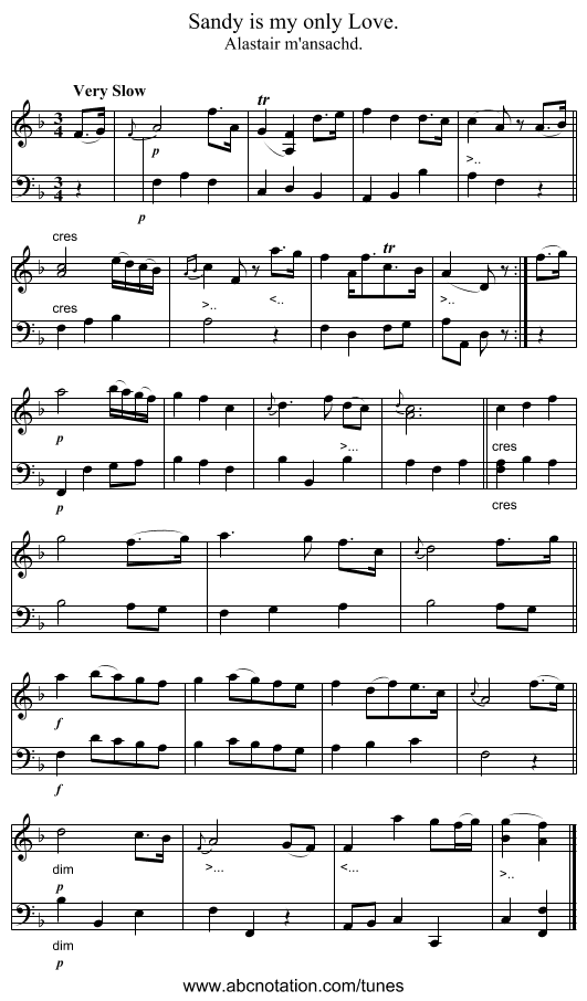 Sandy is my only Love. - staff notation