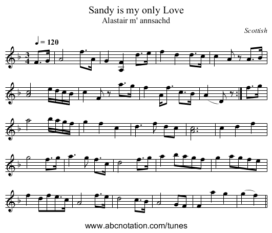 Sandy is my only Love - staff notation
