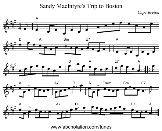 Sandy MacIntyre's Trip to Boston - staff notation