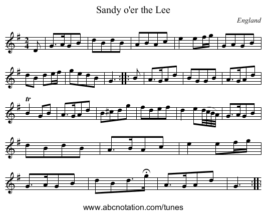Sandy o'er the Lee - staff notation