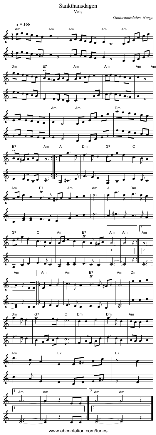 Sankthansdagen - staff notation