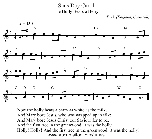 Sans Day Carol - staff notation