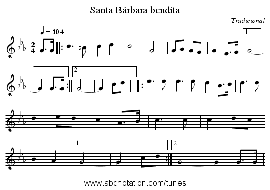 Santa Bárbara bendita - staff notation