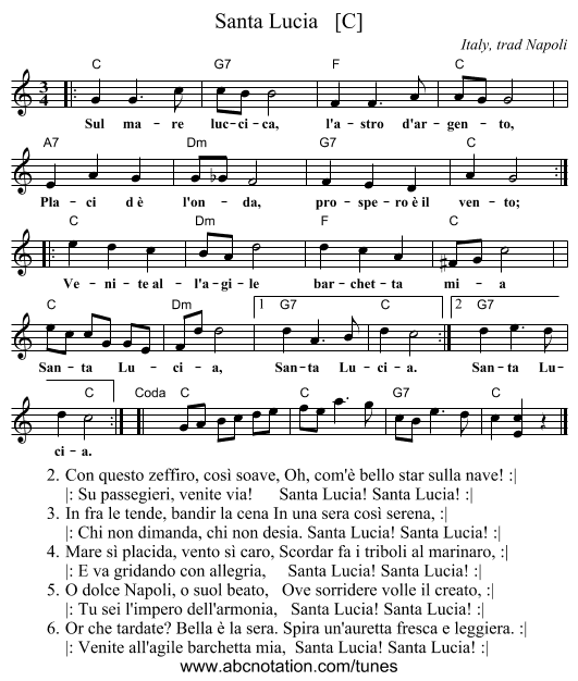 Santa Lucia   [C] - staff notation