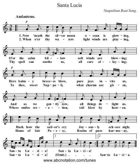 Santa Lucia - staff notation