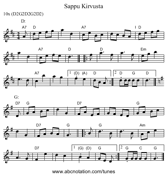 Sappu Kirvusta - staff notation