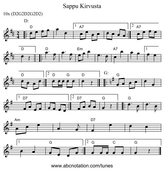 Sappu Kirvusta - staff notation