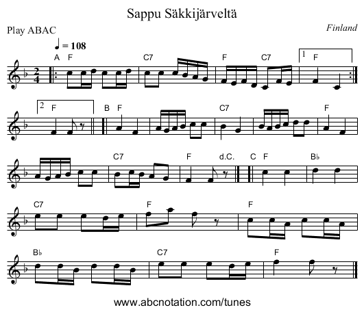 Sappu S&auml;kkij&auml;rvelt&auml; - staff notation