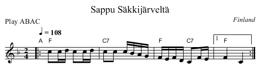 Sappu S&auml;kkij&auml;rvelt&auml; - staff notation