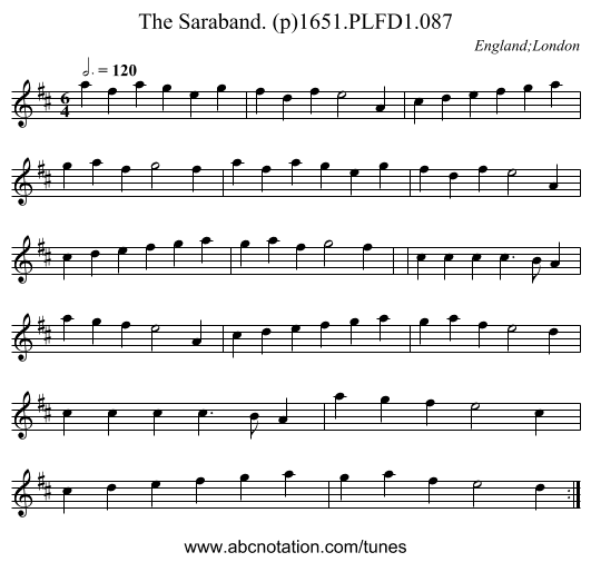 Saraband. (p)1651.PLFD1.087, The - staff notation