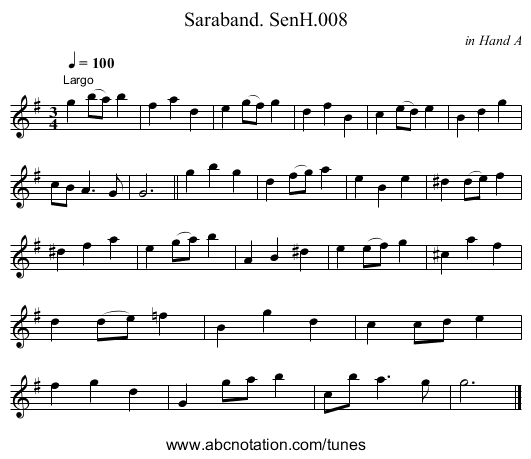 Saraband. SenH.008 - staff notation