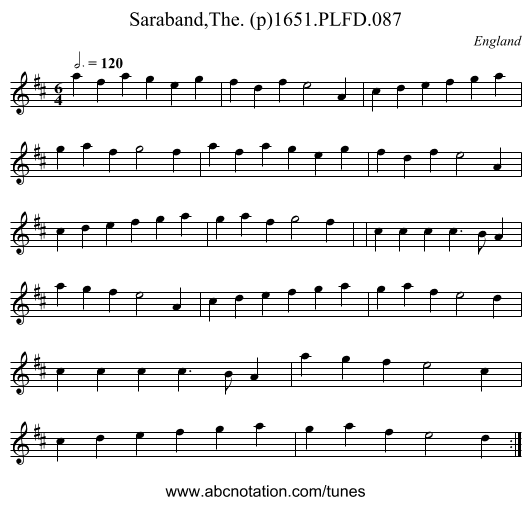 Saraband,The. (p)1651.PLFD.087 - staff notation