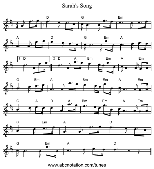 Sarah's Song - staff notation