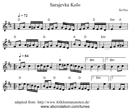 Sarajevka Kolo - staff notation