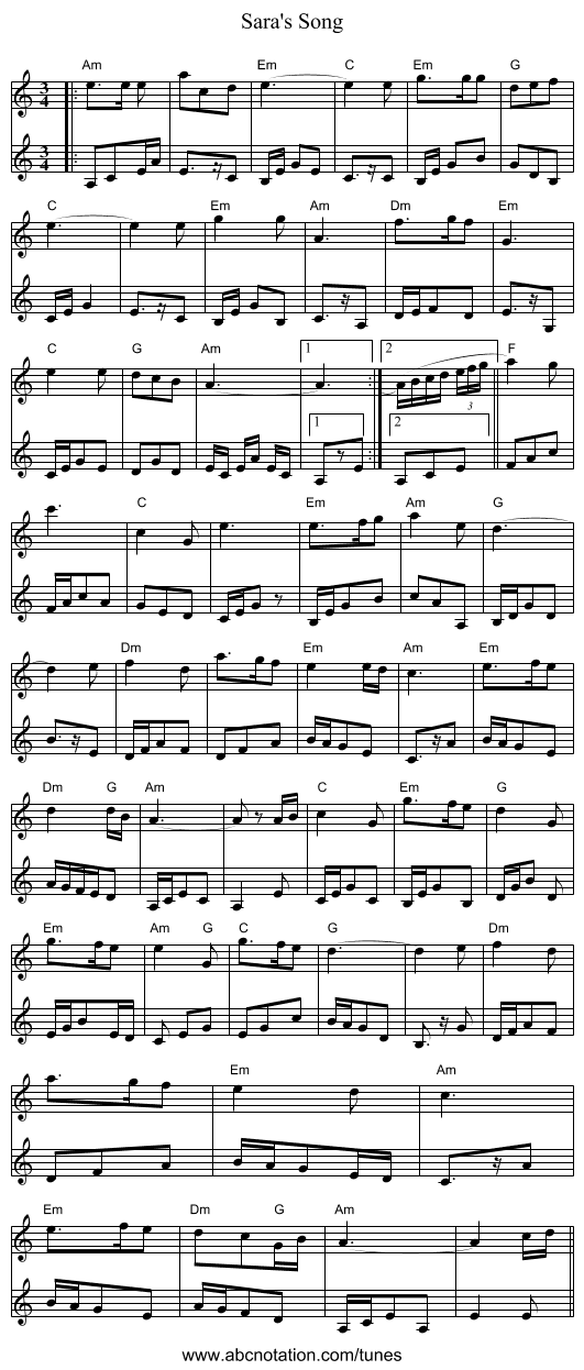 Sara's Song - staff notation