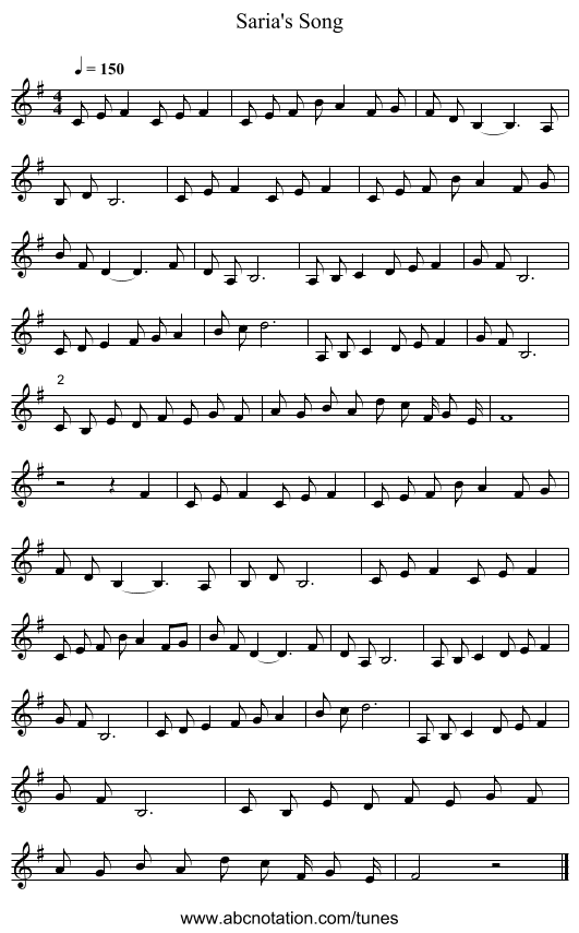 Saria's Song - staff notation