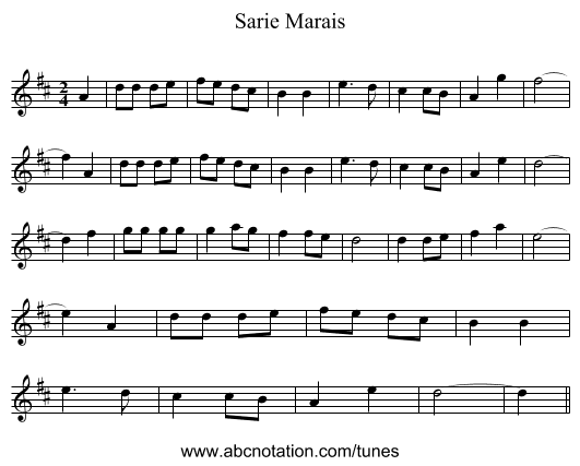 Sarie Marais - staff notation
