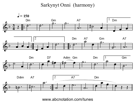 Sarkynyt Onni (harmony) - staff notation