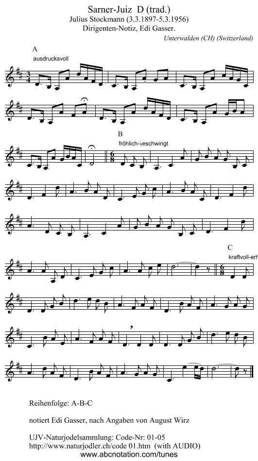 Sarner-Juiz D (trad.) - staff notation