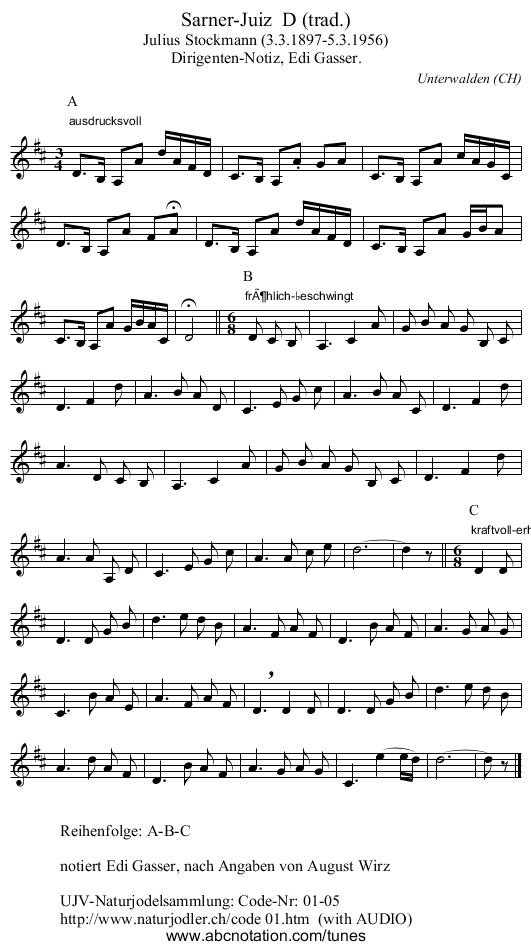 Sarner-Juiz  D (trad.) - staff notation