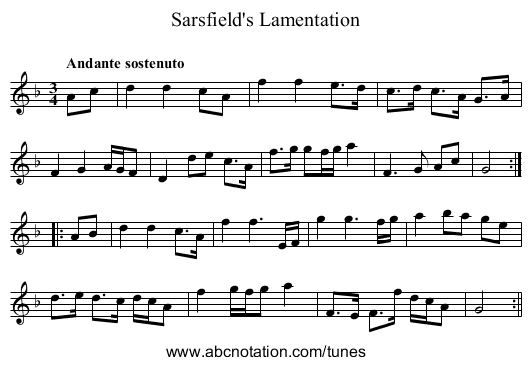 Sarsfield's Lamentation - staff notation
