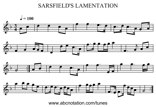 SARSFIELD'S LAMENTATION - staff notation