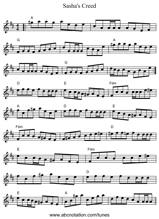 Sasha's Creed - staff notation