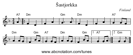 &Scaron;astjorkka - staff notation