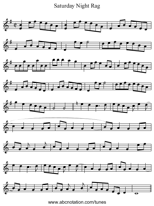 Saturday Night Rag - staff notation